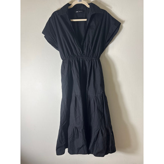 Zara Black Cap Sleeve Cotton Tiered Maxi Dress Sz M