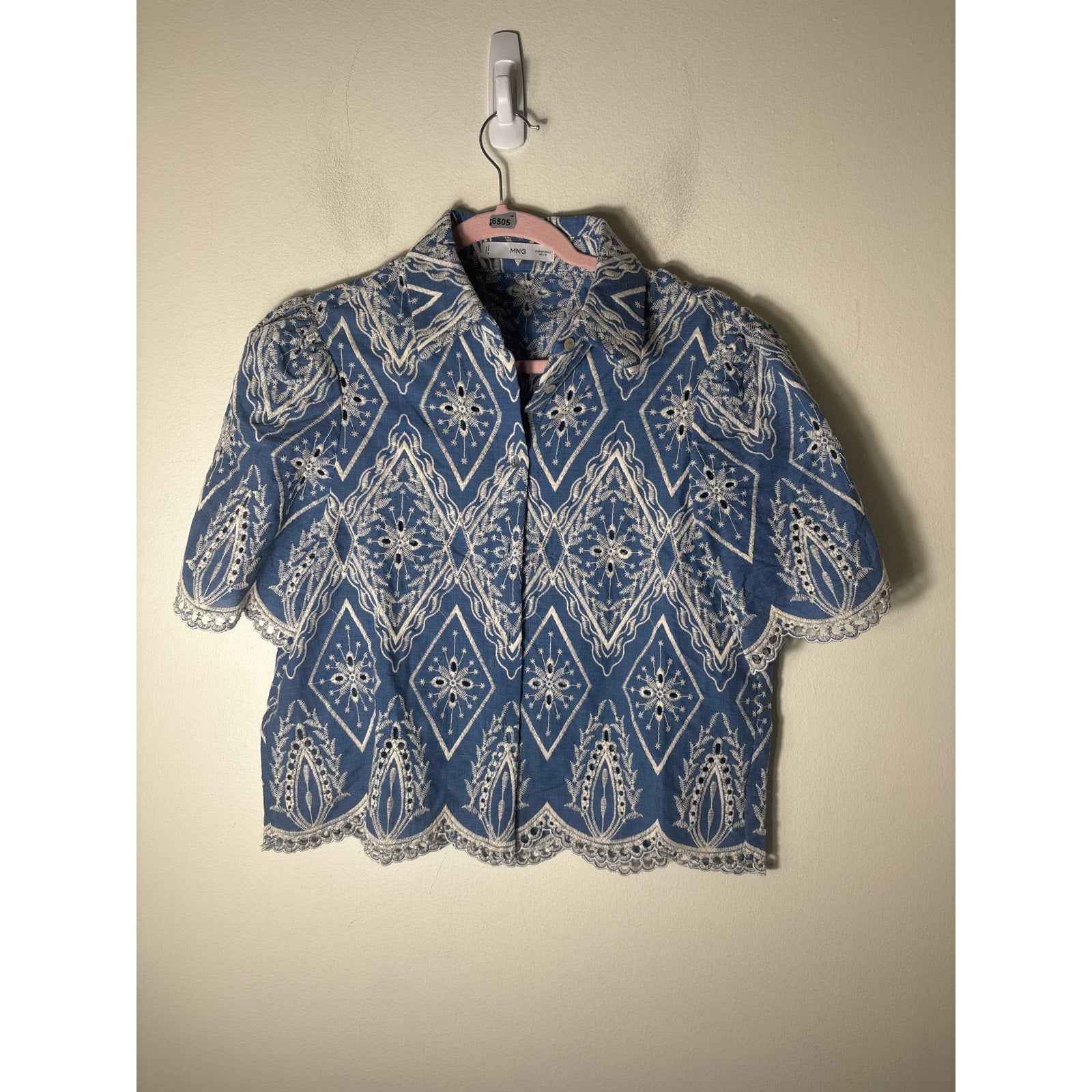 MNG Blue and White Embroidered Top and Shorts Set Sz M