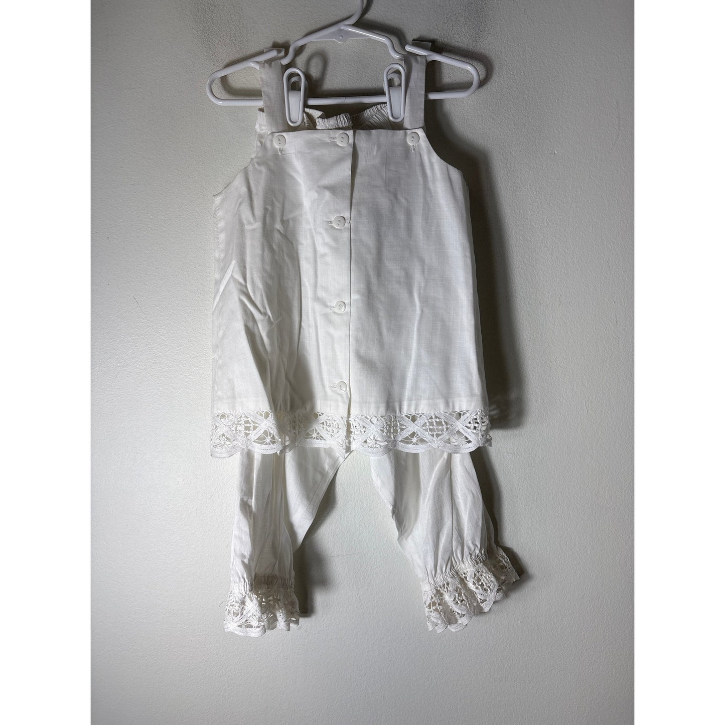 Girls Vintage PeachesNCream White Linen Top&Pants Set with Crochet Lace Trim Sz4