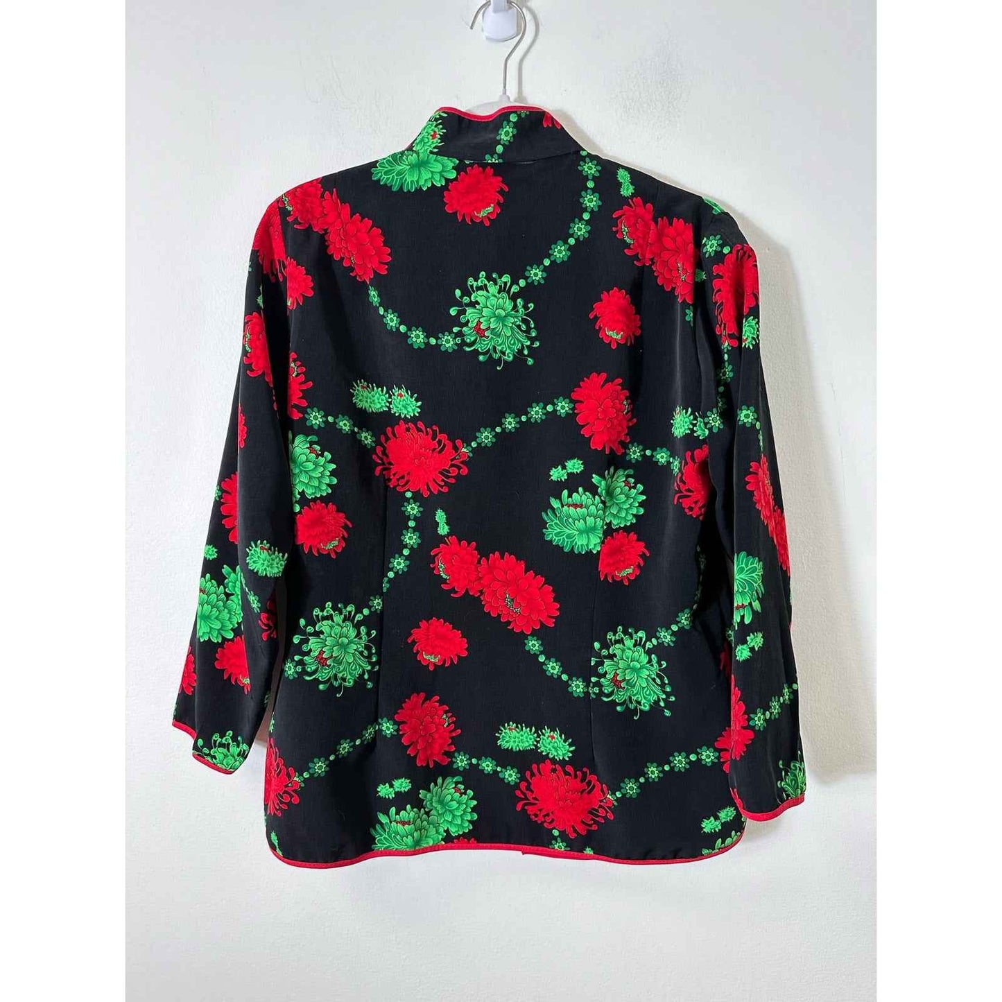 Loon Feng Printed Red and Green Flower Mandarin Jacket with Collar Sz L