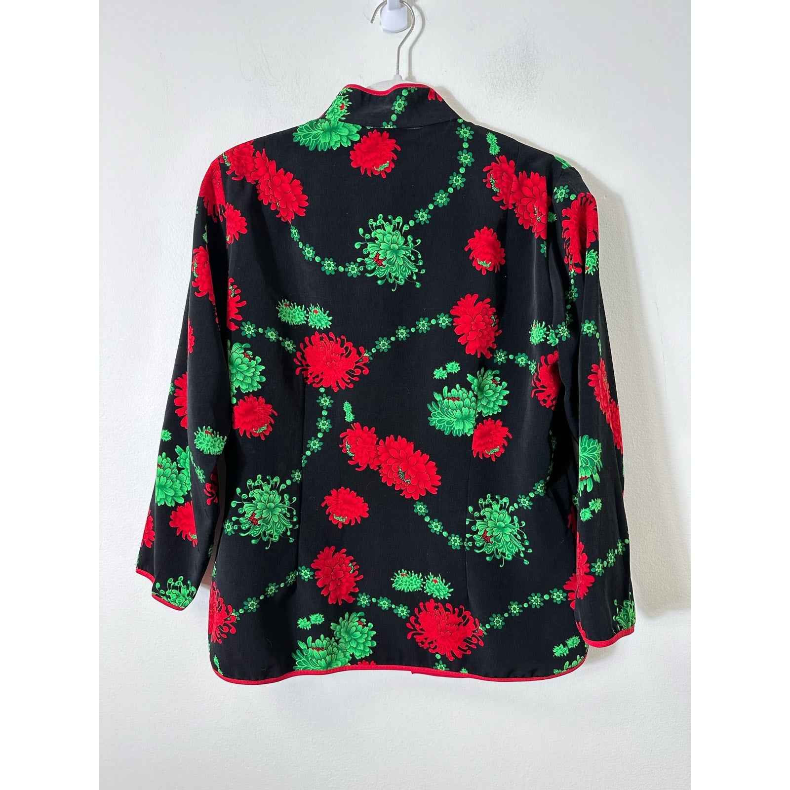 Loon Feng Printed Red and Green Flower Mandarin Jacket with Collar Sz L