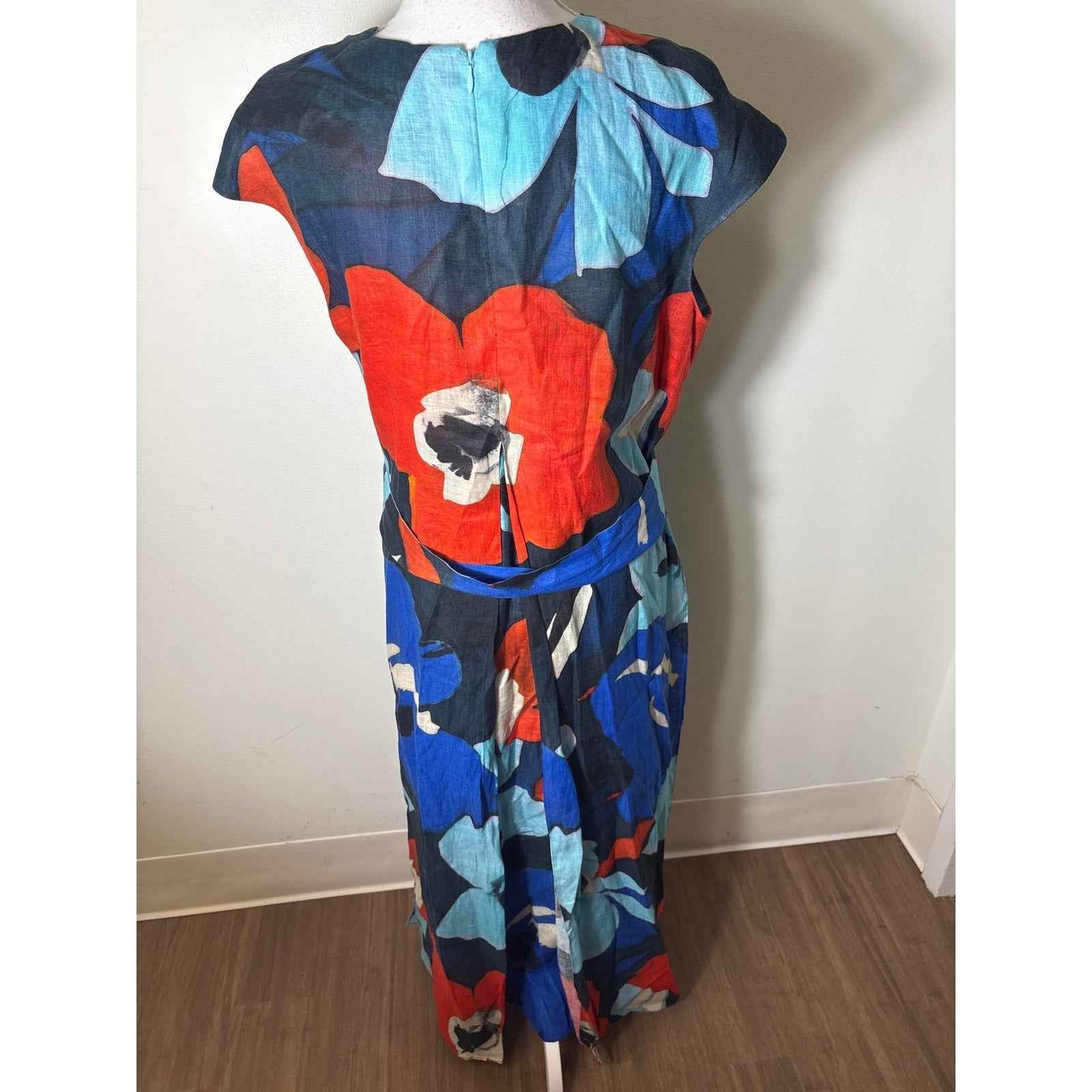 Ann Mashburn Blue Red Cap Sleeve Linen Maxi Dress Sz L