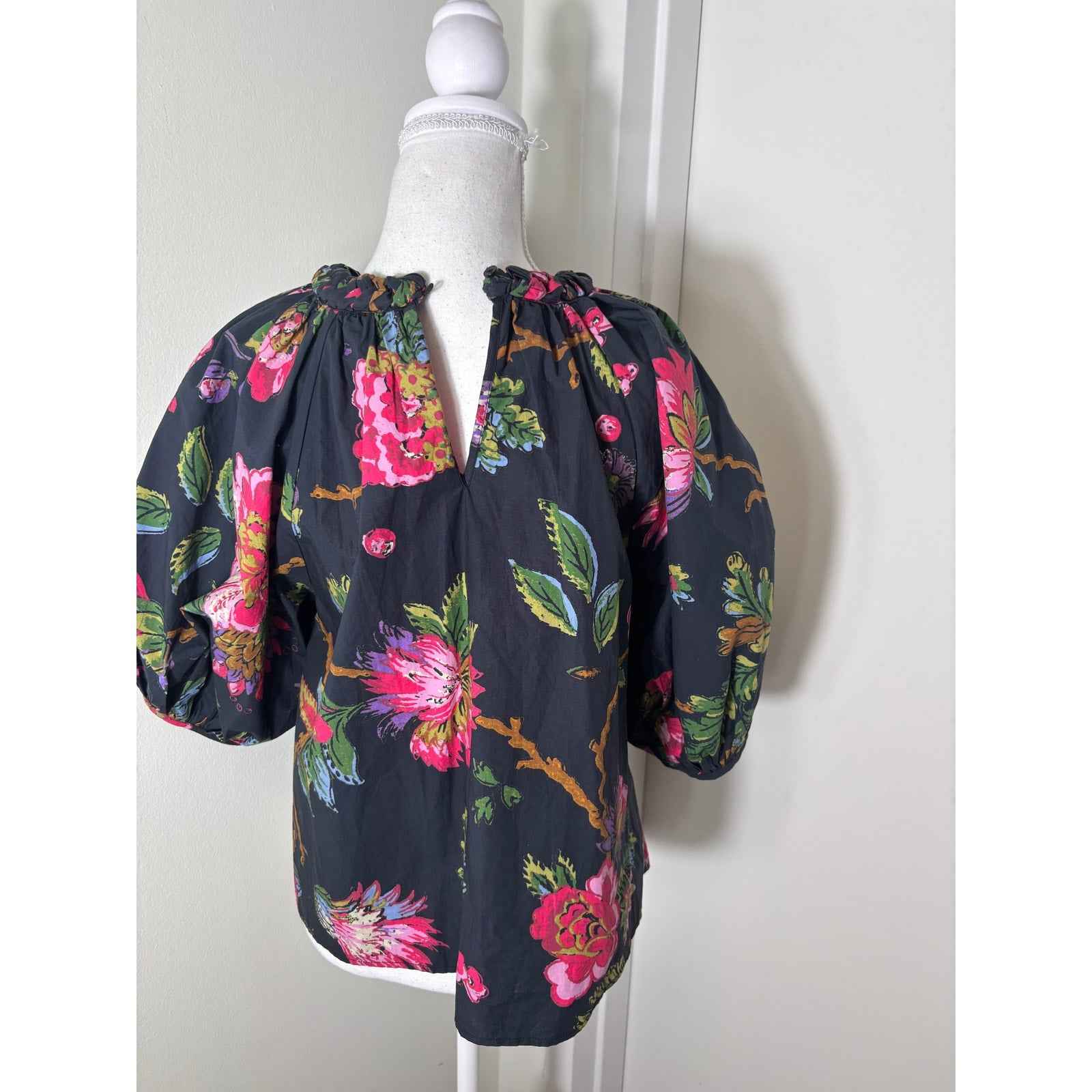 RHODE Black Floral Half Puff Sleeve Organic Cotton Shirt Sz S