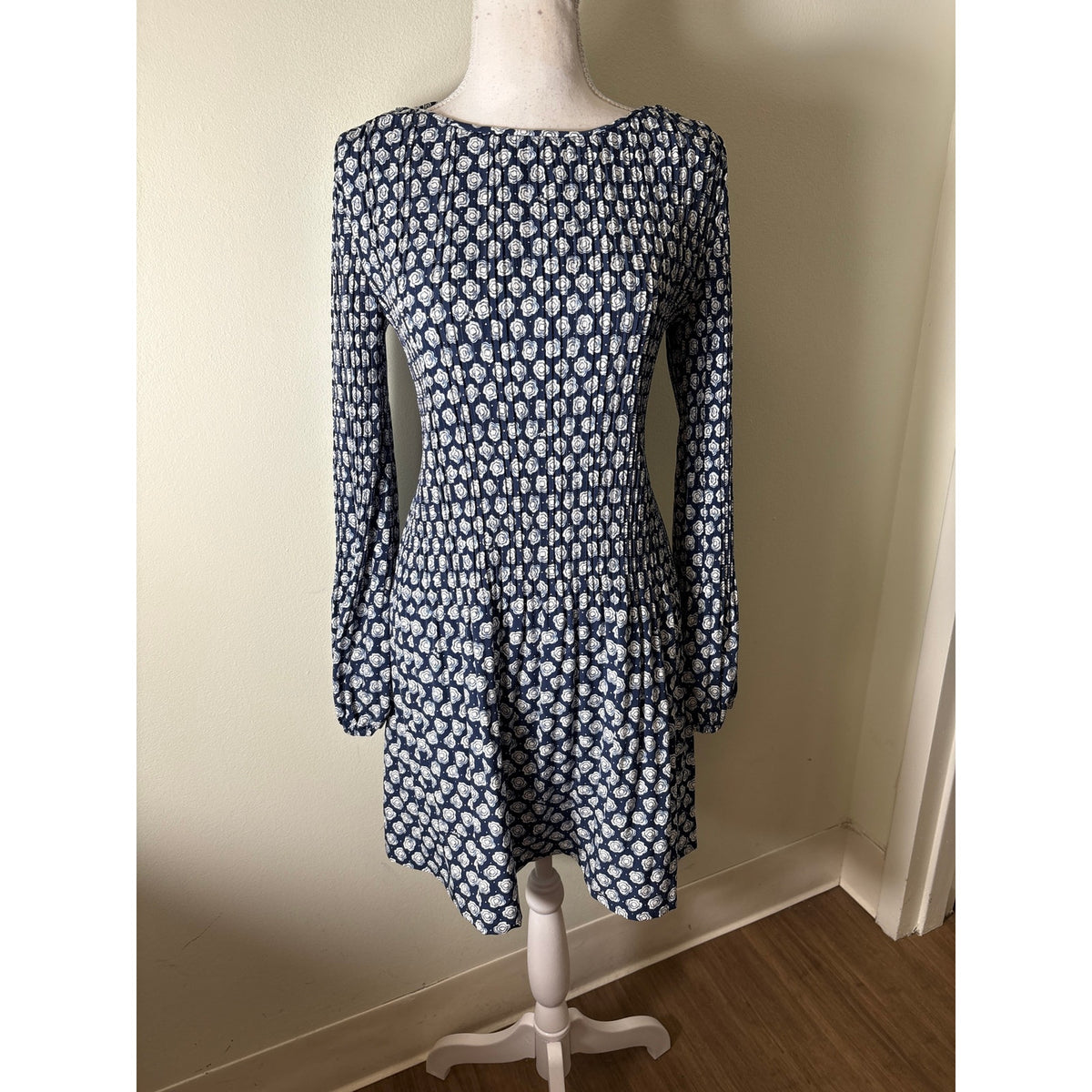 Maje Navy White Long Sleeve Pleated Mini Dress Sz 36