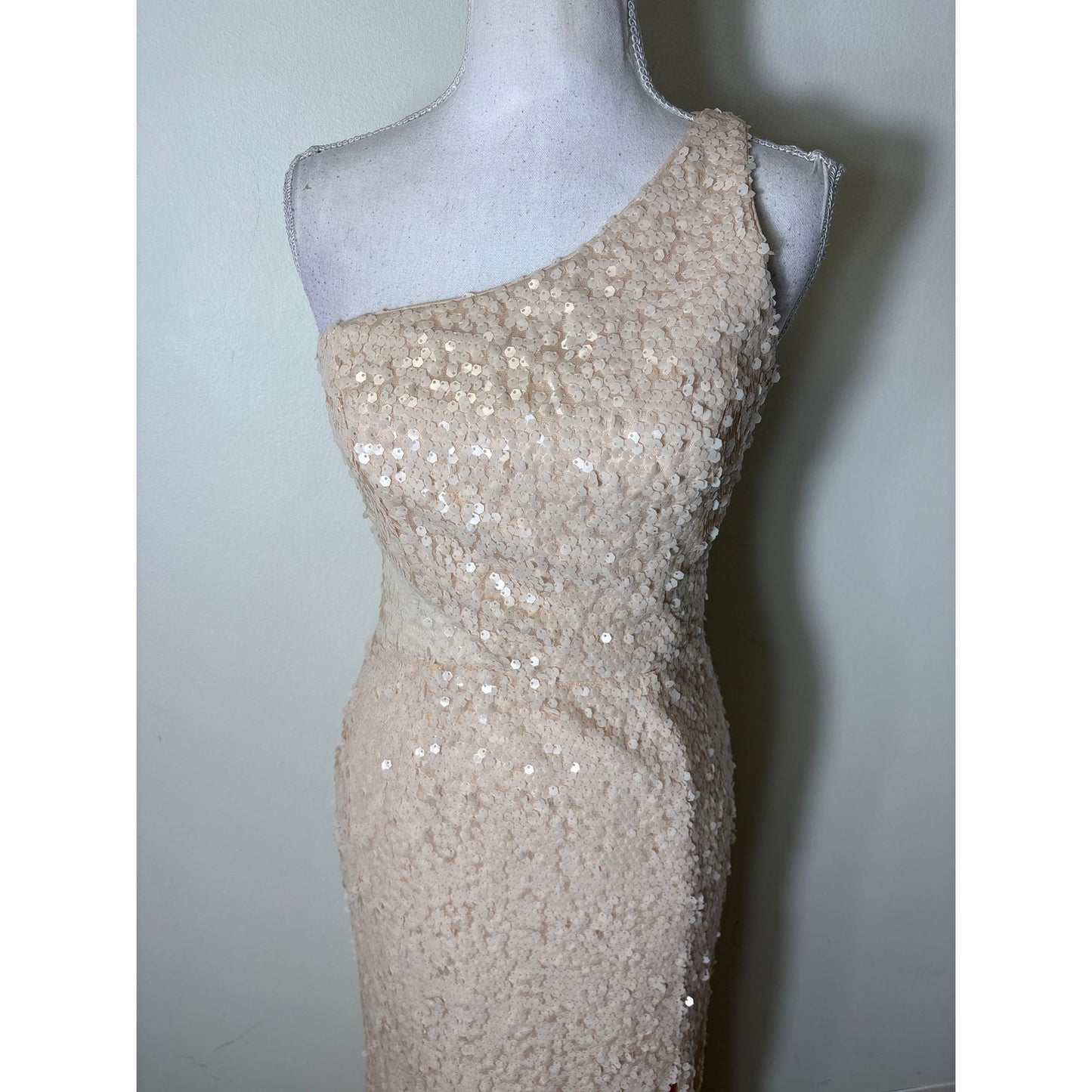 Jay Godfrey Peach Sequin Mesh Side Cutouts One Shoulder Column Gown Sz 2
