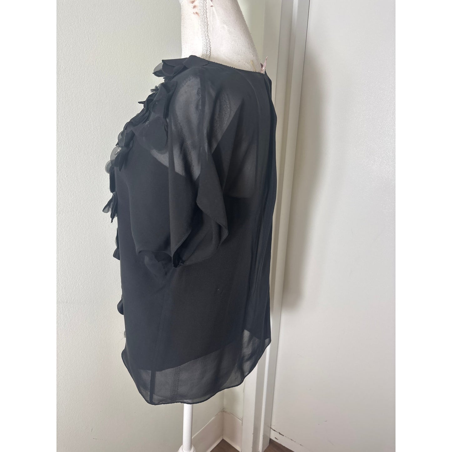 Rebecca Taylor Black Sheer Fish Scale and Diamonds Short Sleeve Shirt Sz 4