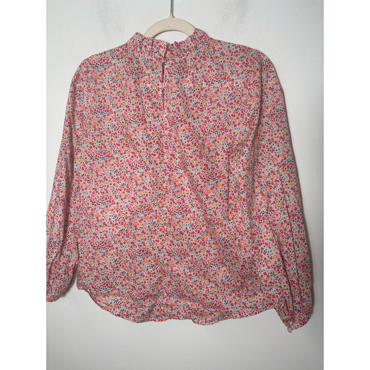 J Crew Long Sleeve Ruffle Neckline Pink/Red Floral Blouse Sz 2