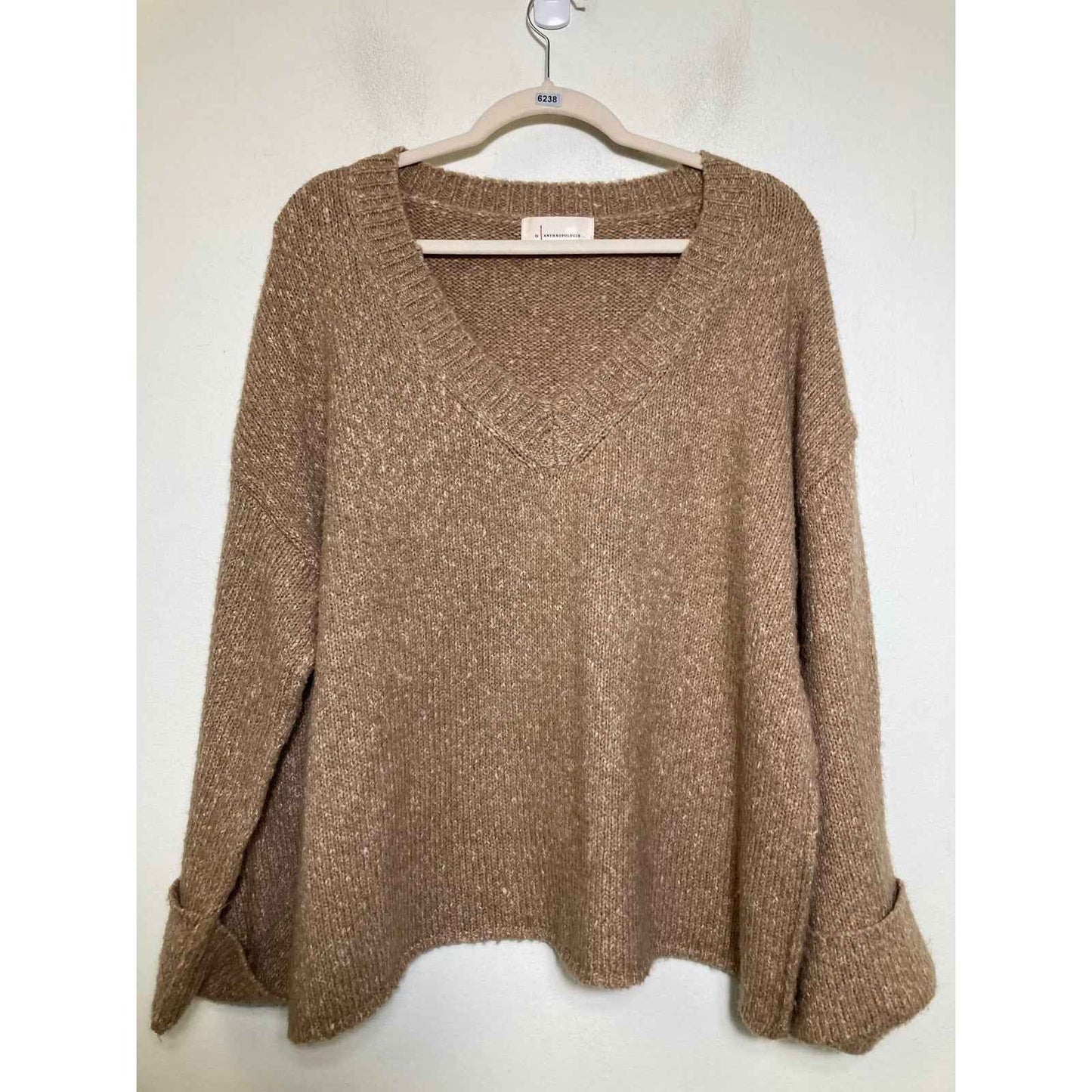 by Anthropologie Tan Long Wide Sleeves V-Neck Knit Sweater Sz M