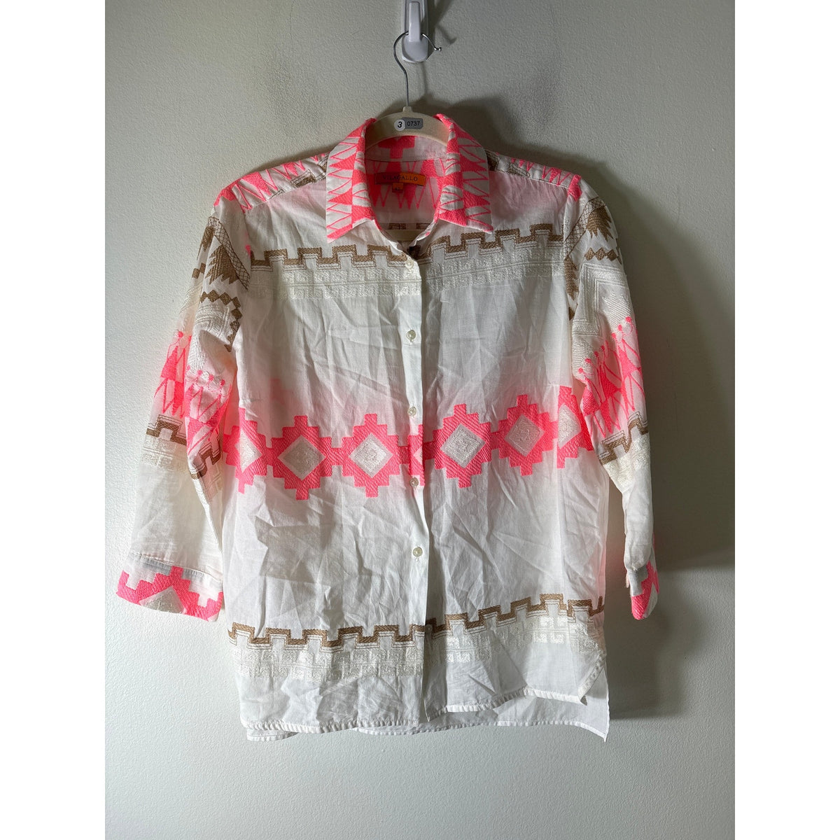 Vilagallo Off White Neon Pink Geo Print Cotton Shirt Sz 42