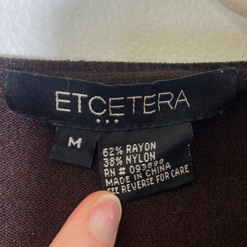 Etcetera Brown V-neck Silver Bar 3/4 Sleeve Sweater Sz M