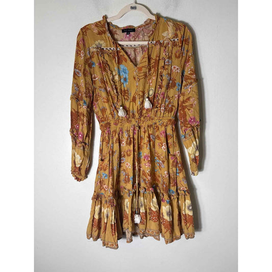 Aly Daly Gold Floral Long Sleeve V-Neck Knee Length Dress Sz S