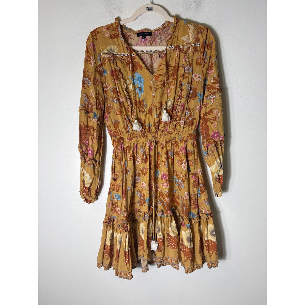 Aly Daly Gold Floral Long Sleeve V-Neck Knee Length Dress Sz S