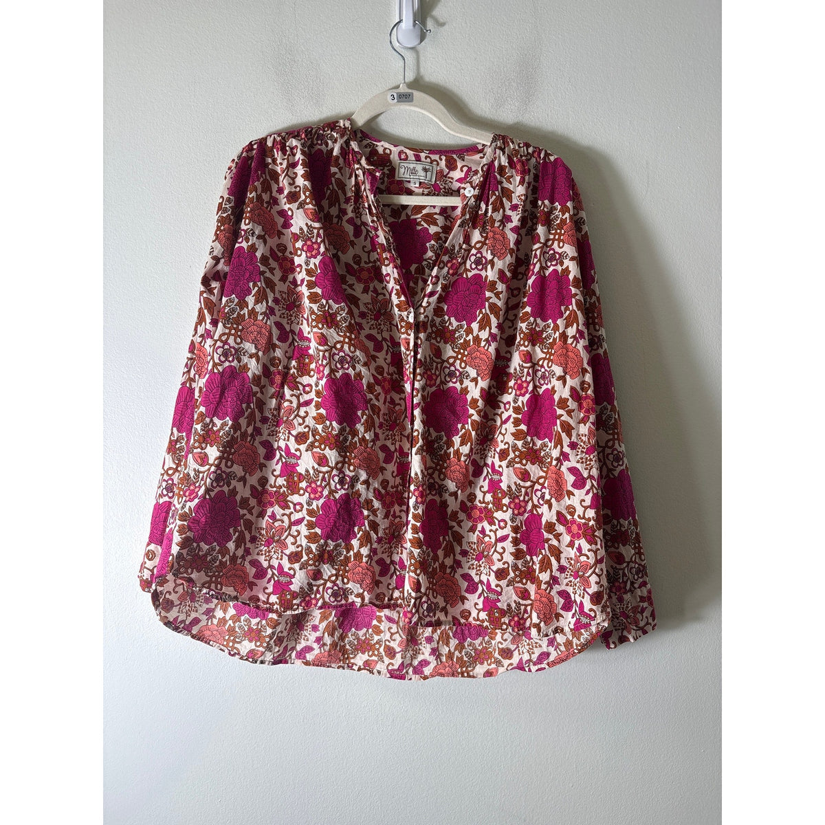 Mille Resort Dark Pink Floral Long Sleeve Cotton Button Up Top Sz S