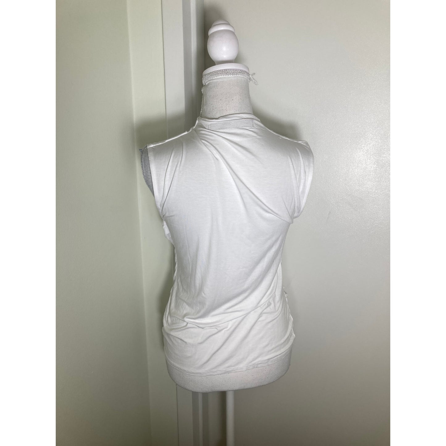 Enza Costa Crisp White Sleeveless Ruched High Neck Shirt Sz S