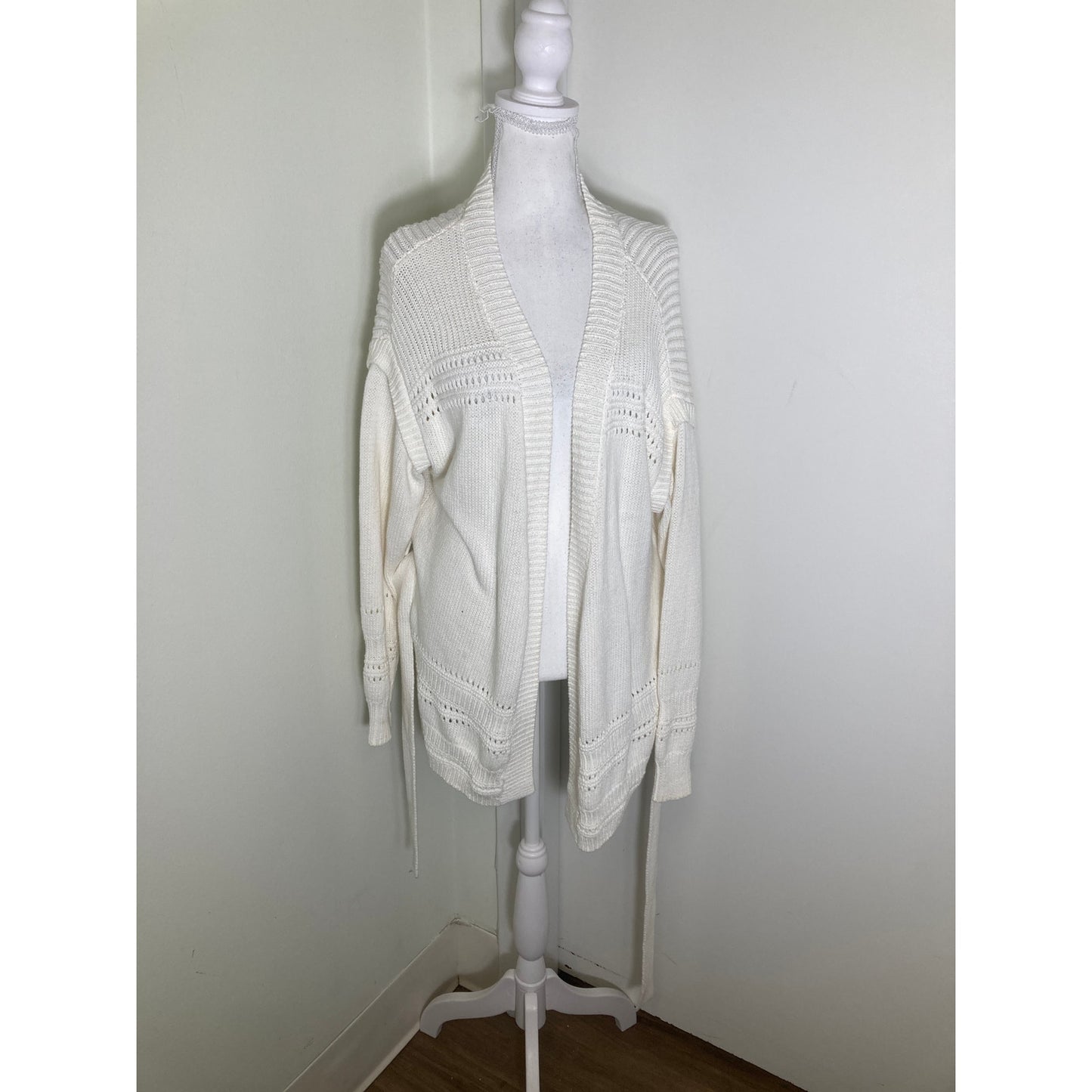 Intermix White Knit Long Cardigan W Tie Belt Sz P