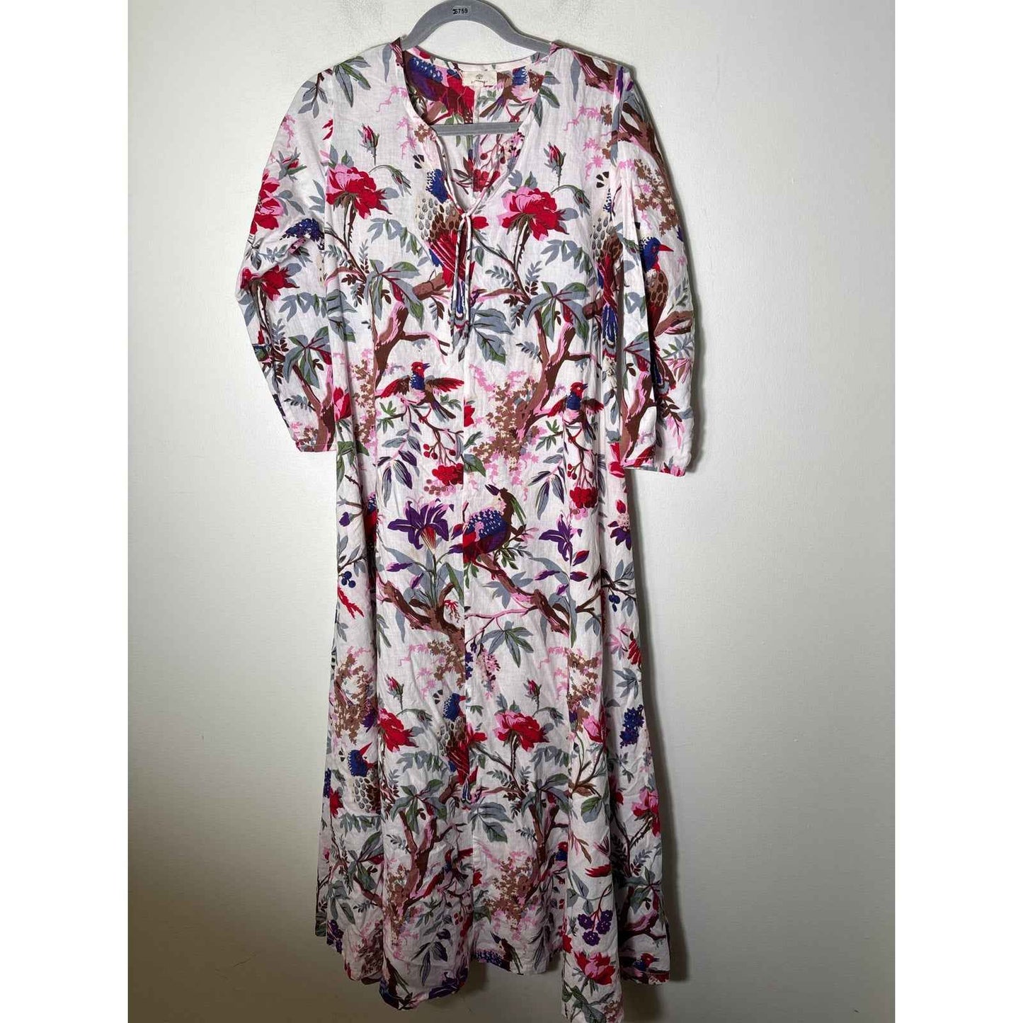 Guadalupe Multicolor Floral Long Sleeve A-Line Cotton Maxi Dress Sz S