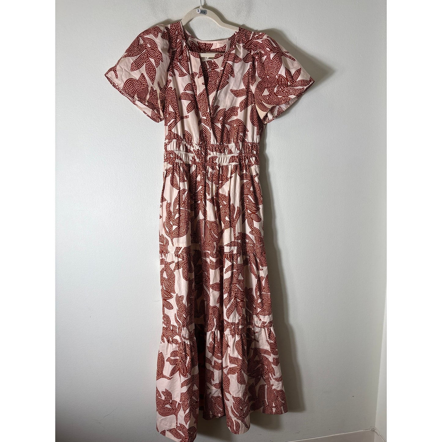 Anthropologie Off White Brown Short Sleeve Cotton Maxi Dress Sz S
