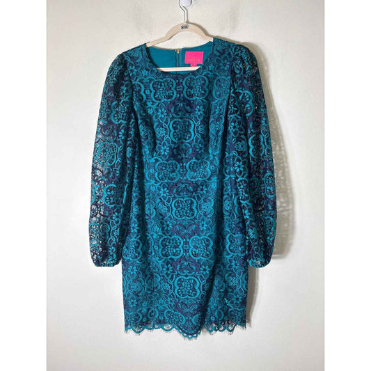 Lily Pulitzer Teal and Navy Long Sleeve Knee Length Dress Sz 14