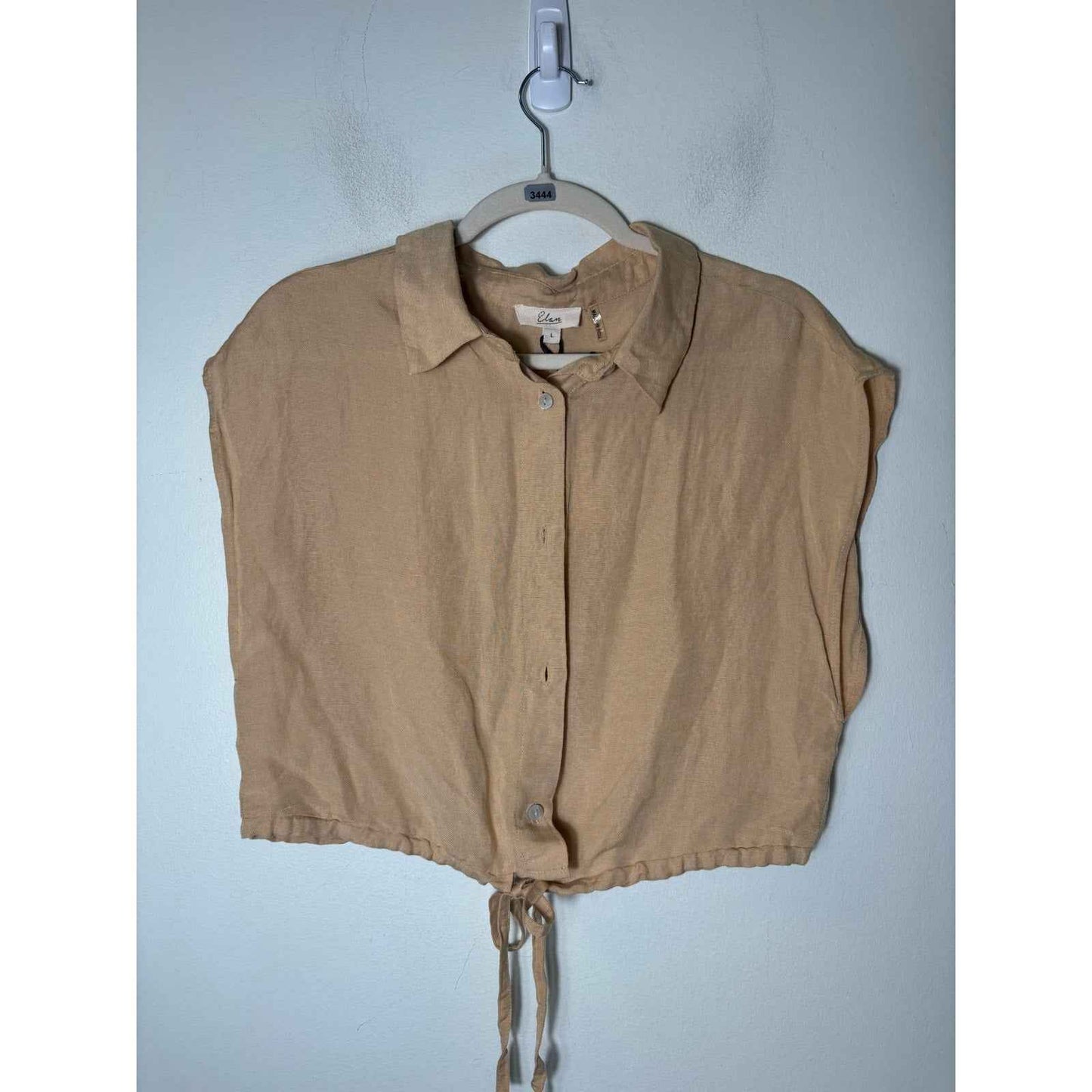 NWT Elan Beige Short Sleeve Linen Tie Top Sz L