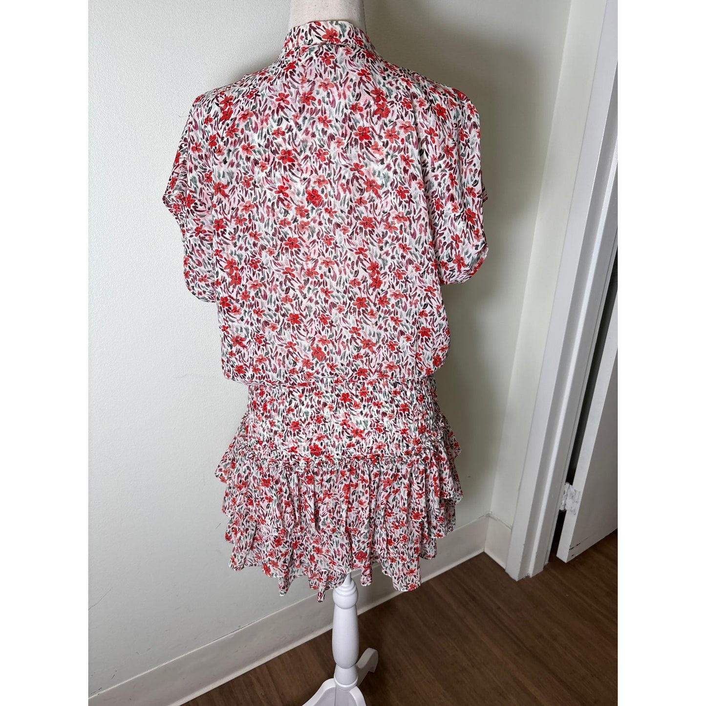 Misa Orange and Green Smocked Waist Ruffle Tiered Mini Dress Sz S