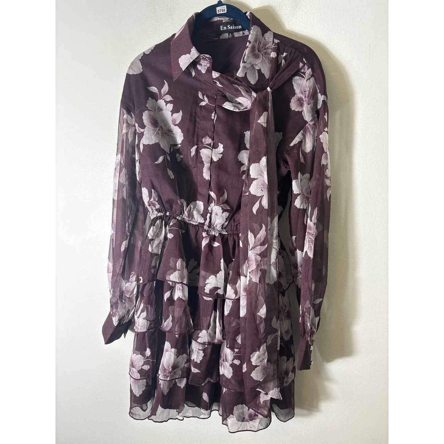 En Saison Deep Purple Long Sleeve Floral Ruffle Knee Length Dress Sz S