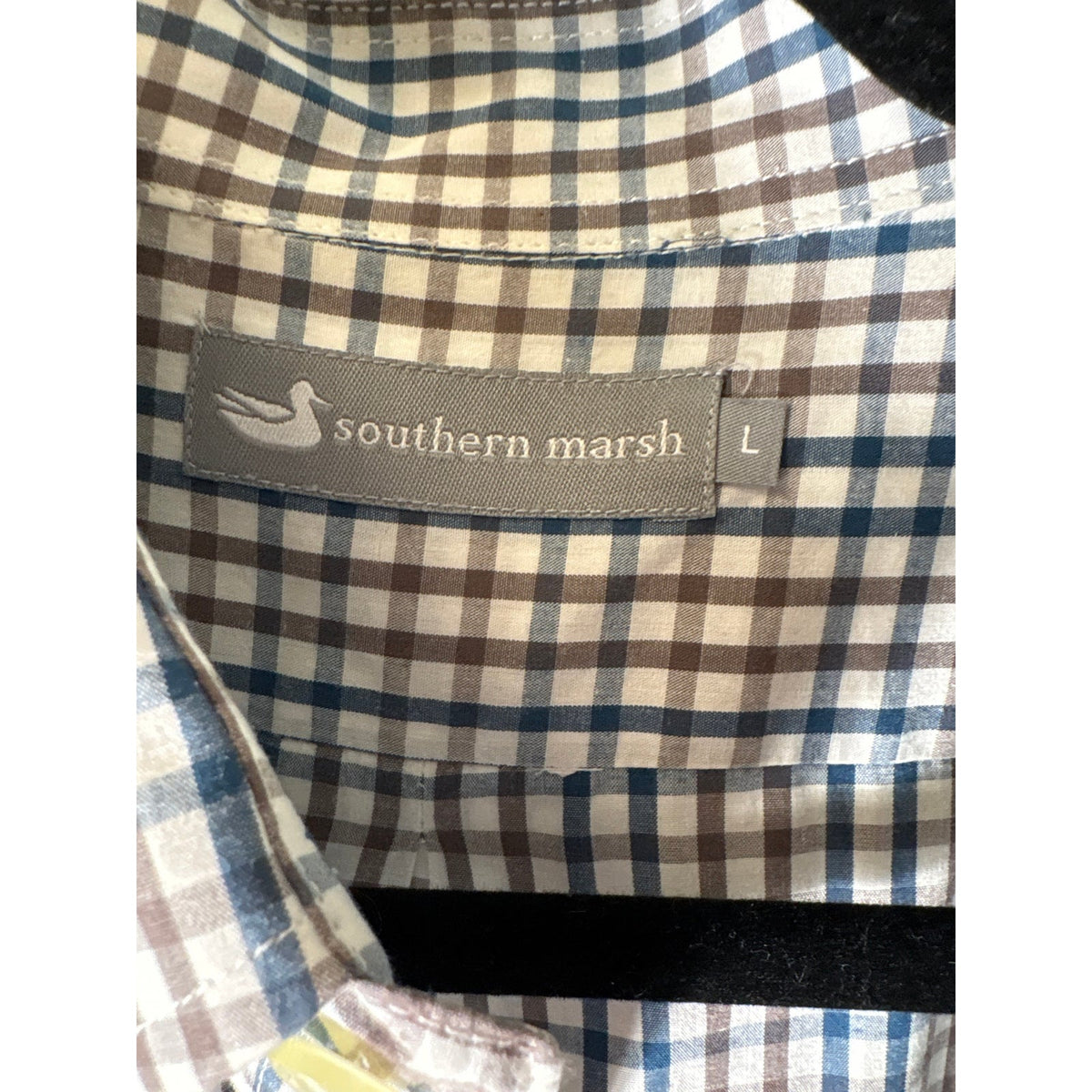 Mens Southern Marsh Blue and Brown Gingham Button Up Shirt Sz L