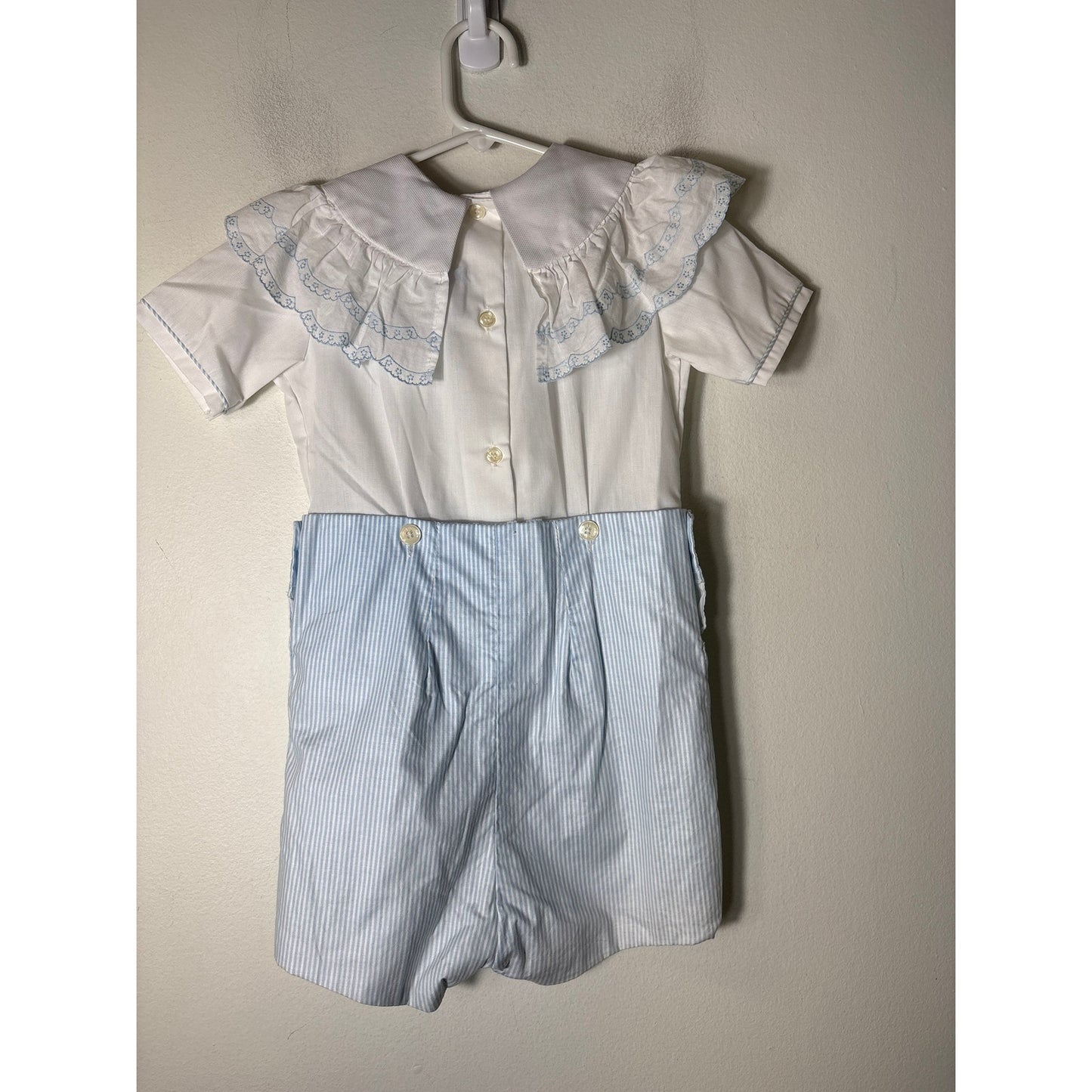 Boys Vintage Monday's Child White Top and Blue stripe button shorts set Sz 5
