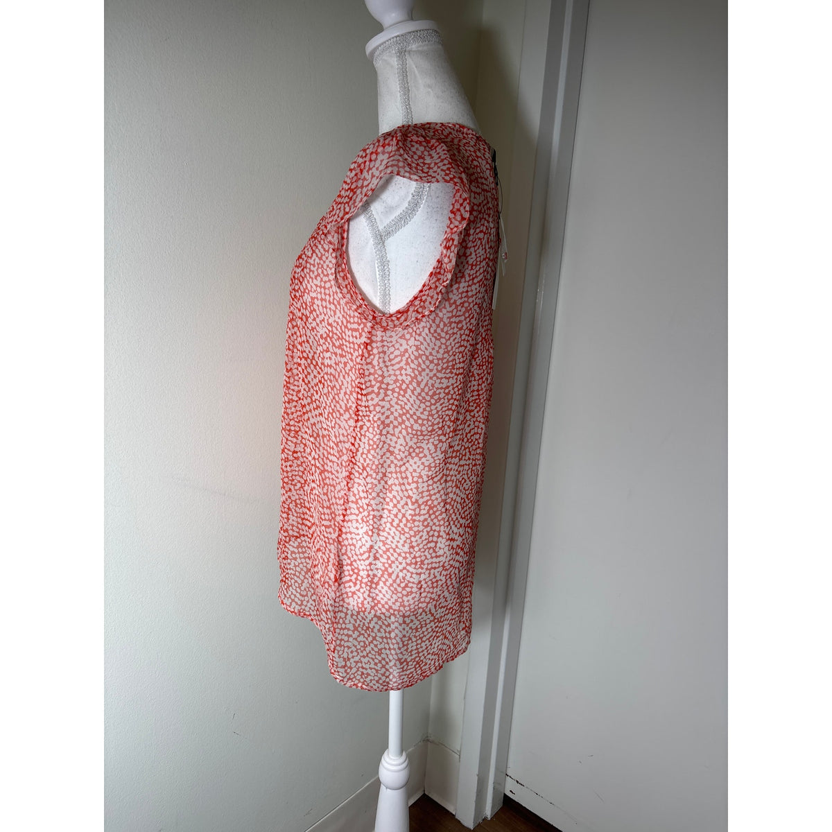 NWT Joie Red White Print Sheer Flutter Sleeve Silk Top Sz S