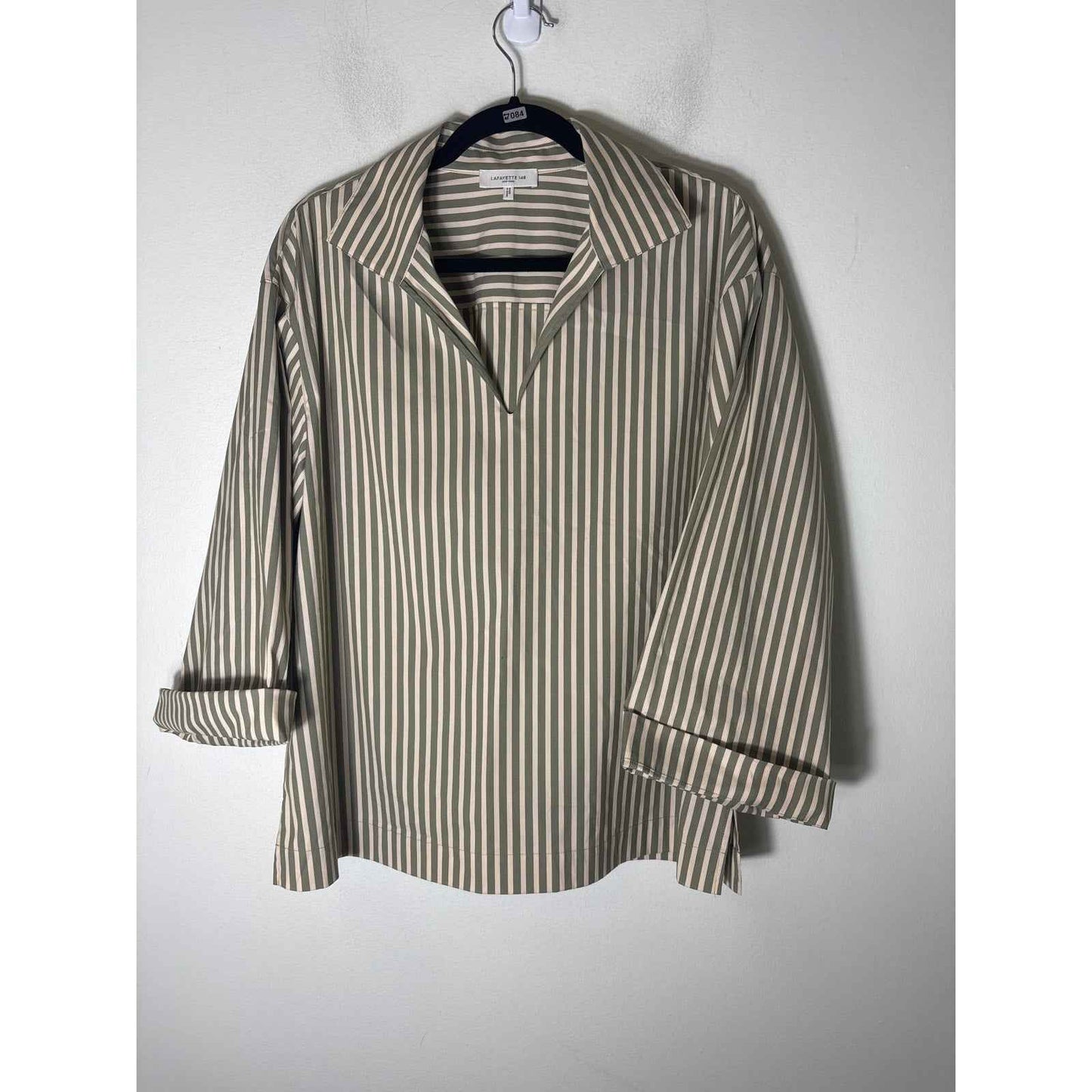 Lafayette 148 Off White Muted Green Long Sleeve Long Wide Sleeve Shirt Sz M