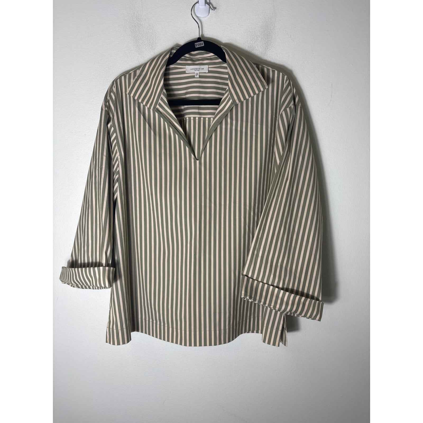 Lafayette 148 Off White Muted Green Long Sleeve Long Wide Sleeve Shirt Sz M