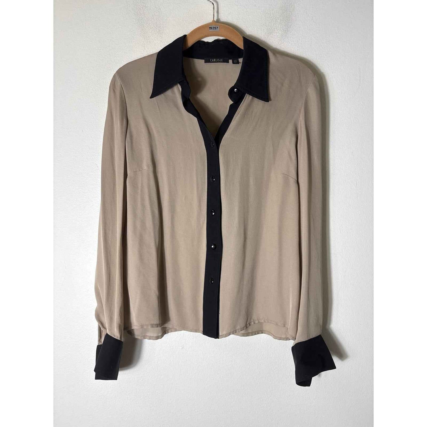Carlisle Taupe&Black Silk Long Sleeve Blouse Sz 2