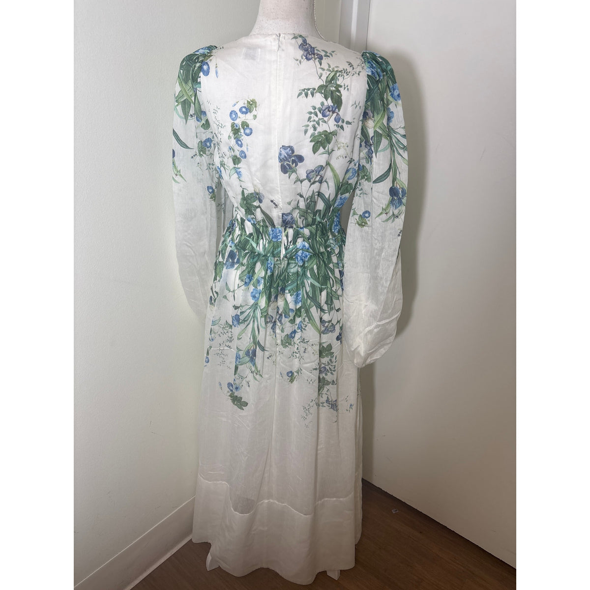 Sheike White Green Floral Long Sleeve Maxi Dress Sz 8