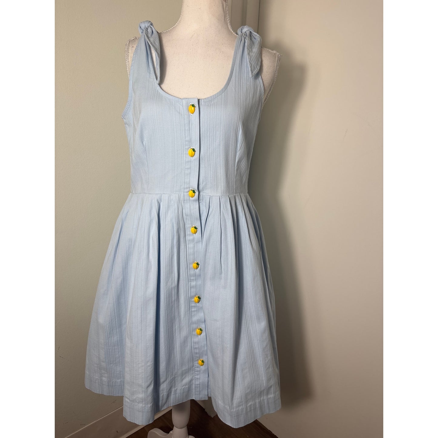 Buru Baby Blue Tie Shoulder A Line Lemon Button Dress Sz S