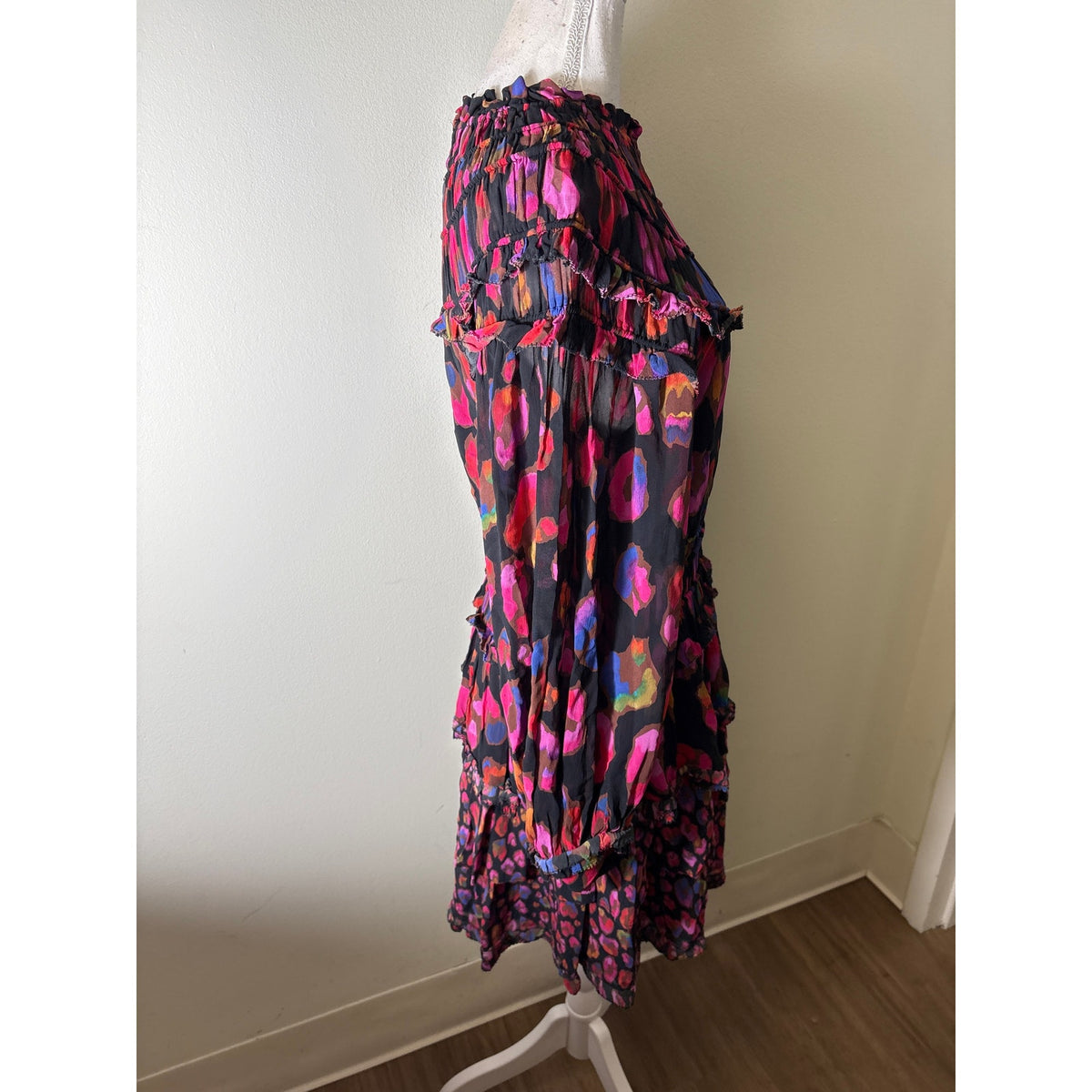 Farm Rio Black and Pink Long Sleeve Tiered Mini Dress Sz S