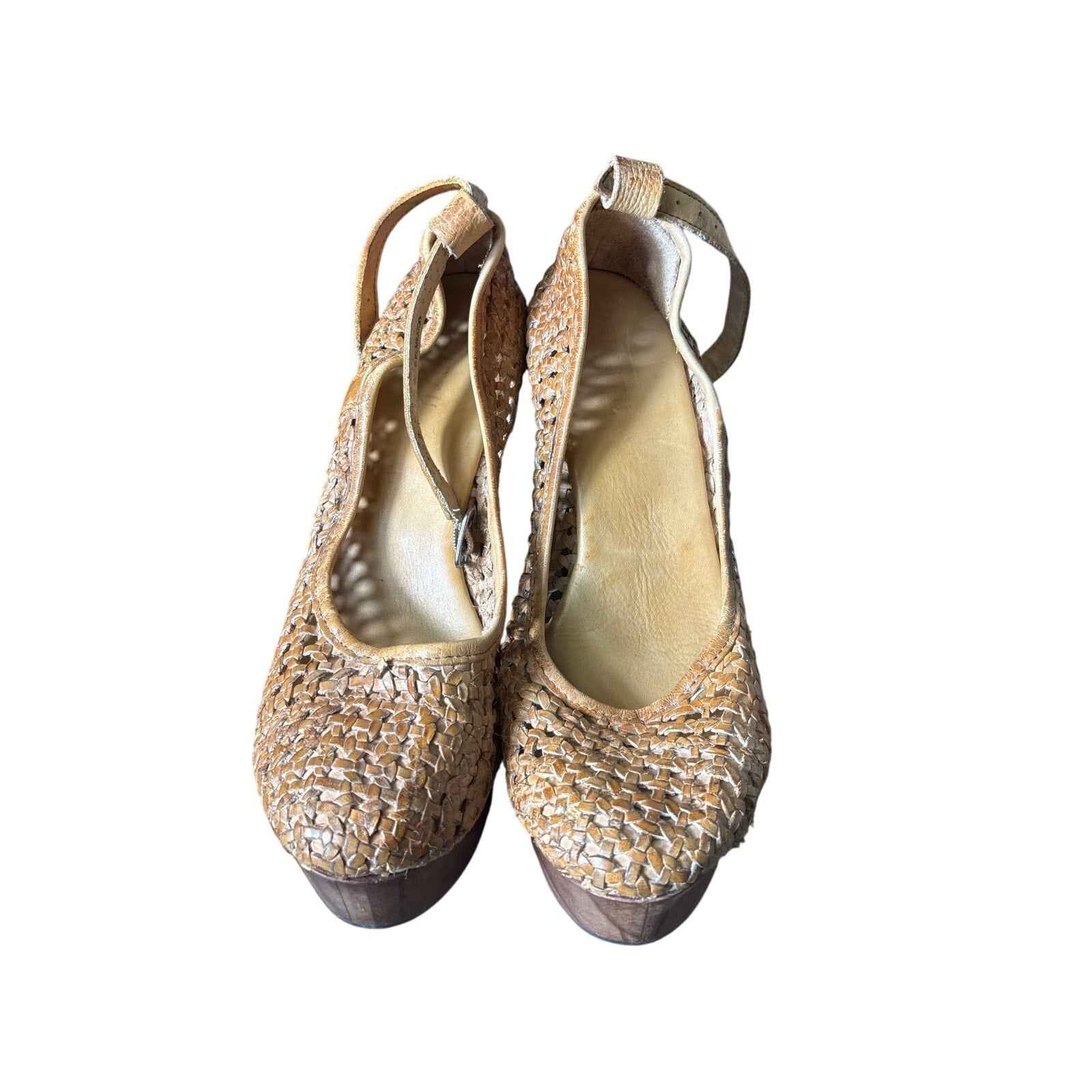 Beditsu Brown Woven Leather Wooden Wedges Sz 9.5