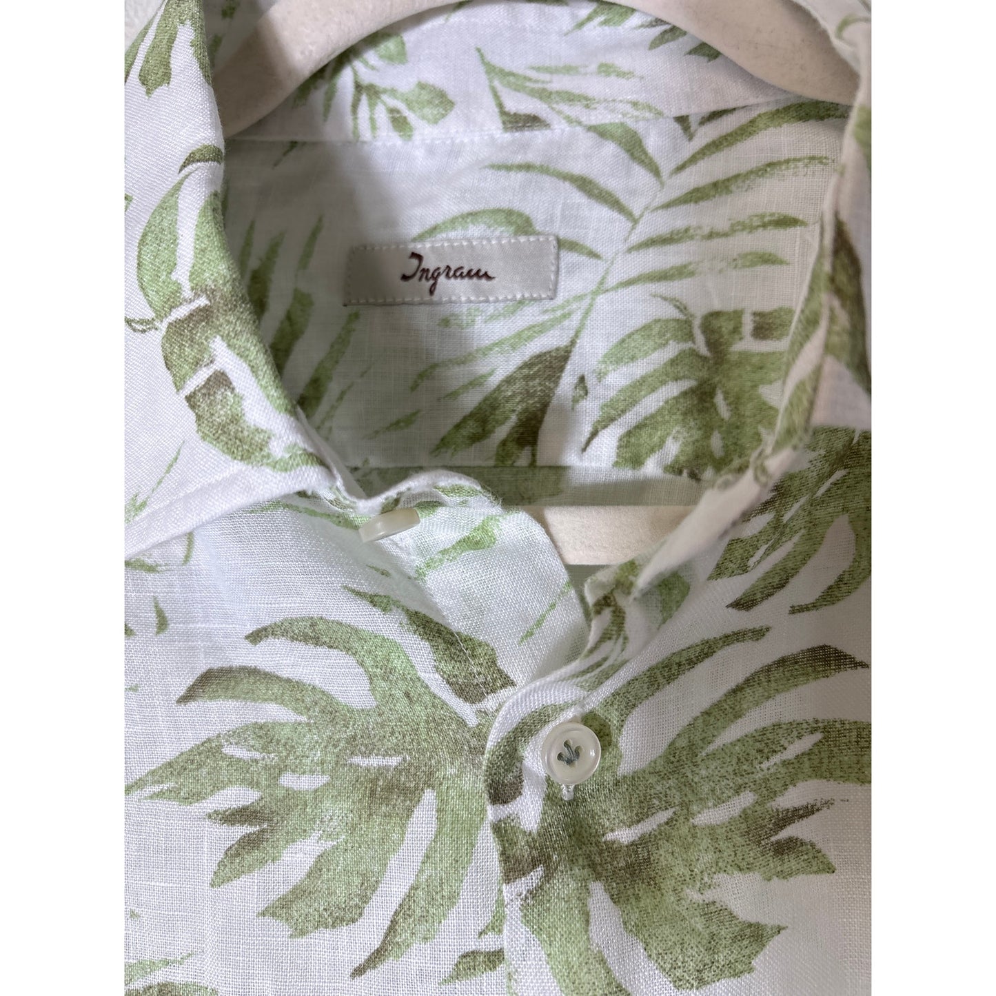 Ingram White Green Leaf Long Sleeve Linen Button Up Shirt Sz L