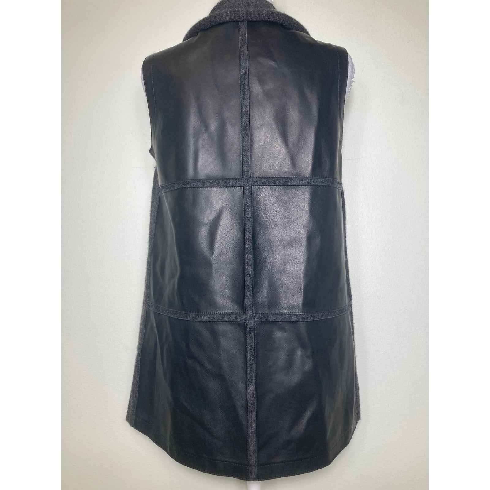 Lafayette 148 Dark Gray Mixed Media Cardigan 100% Cashmere and Leather Sz
