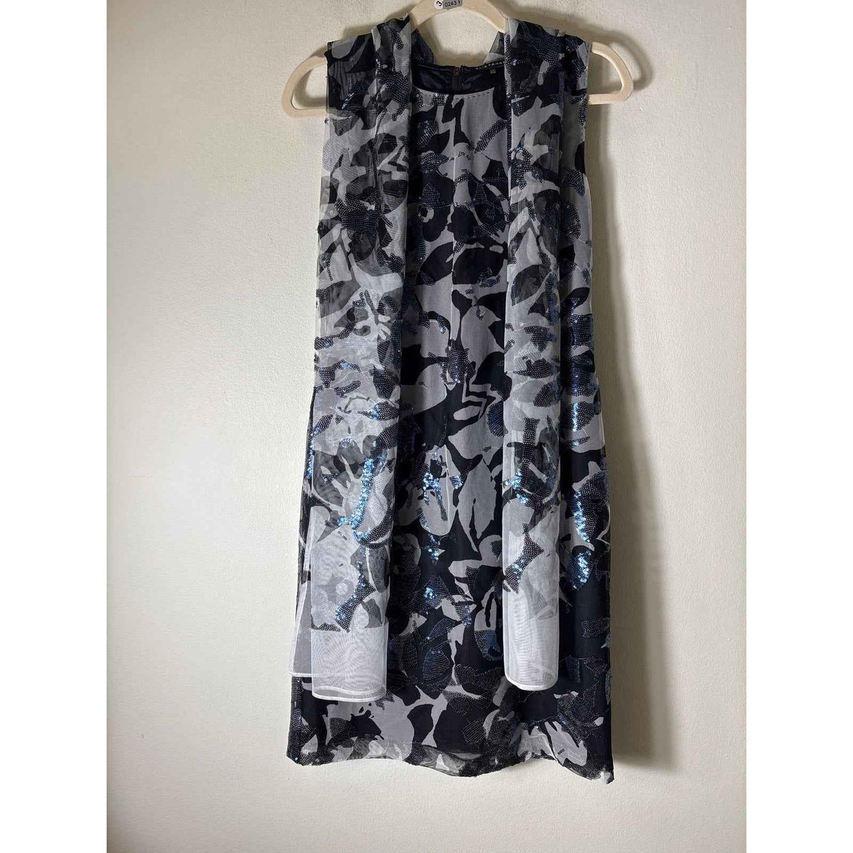 Elie Tahari Black Gray Sleeveless Sequin Midi Dress Sz 8