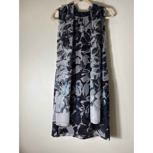 Elie Tahari Black Gray Sleeveless Sequin Midi Dress Sz 8