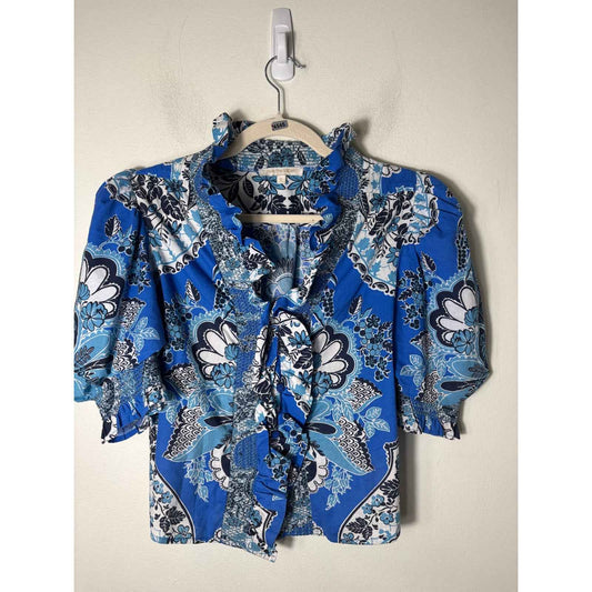 Love the Label Blue Floral Half Puff Sleeve Ruffle V-Neck Sz S