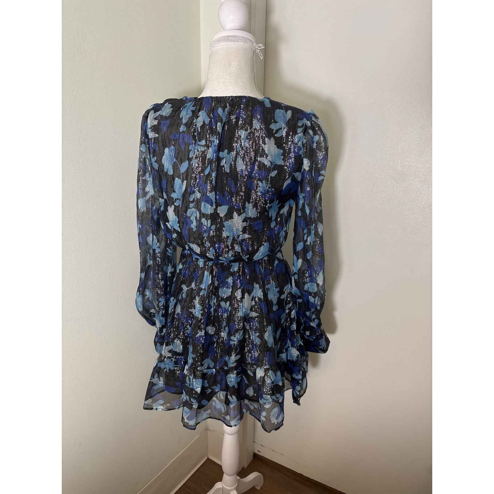 NWT Ramy Brook Black Blue Long Sleeve Lisbeth Dress Sz S