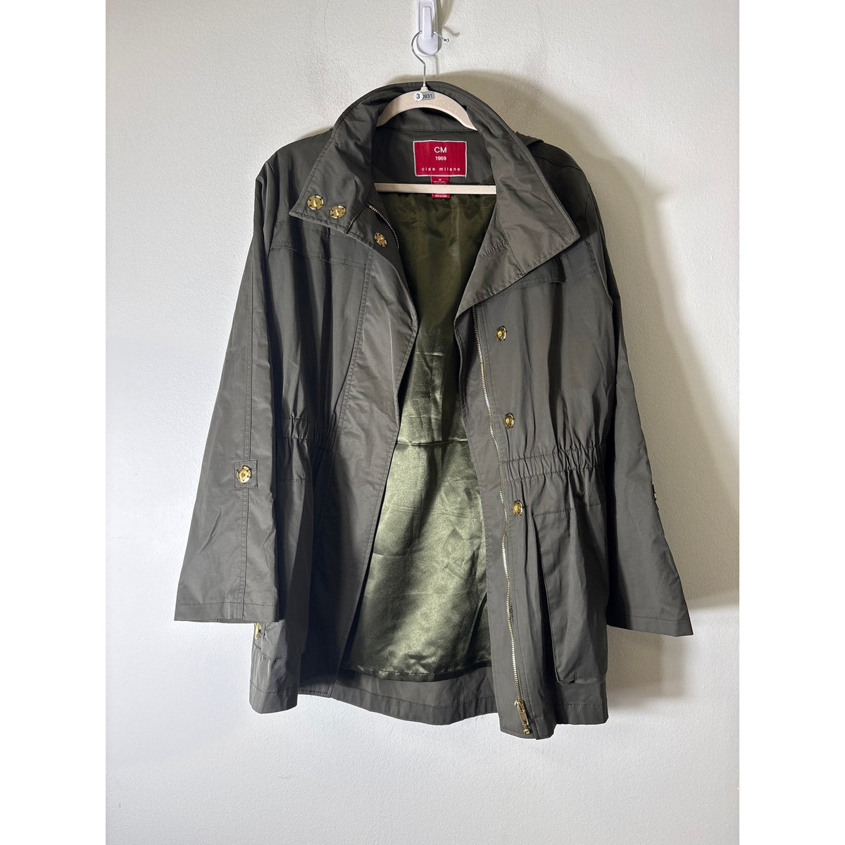 Ciao Milano Dark Gray Green Long Sleeve Hooded Rain Jacket Sz M
