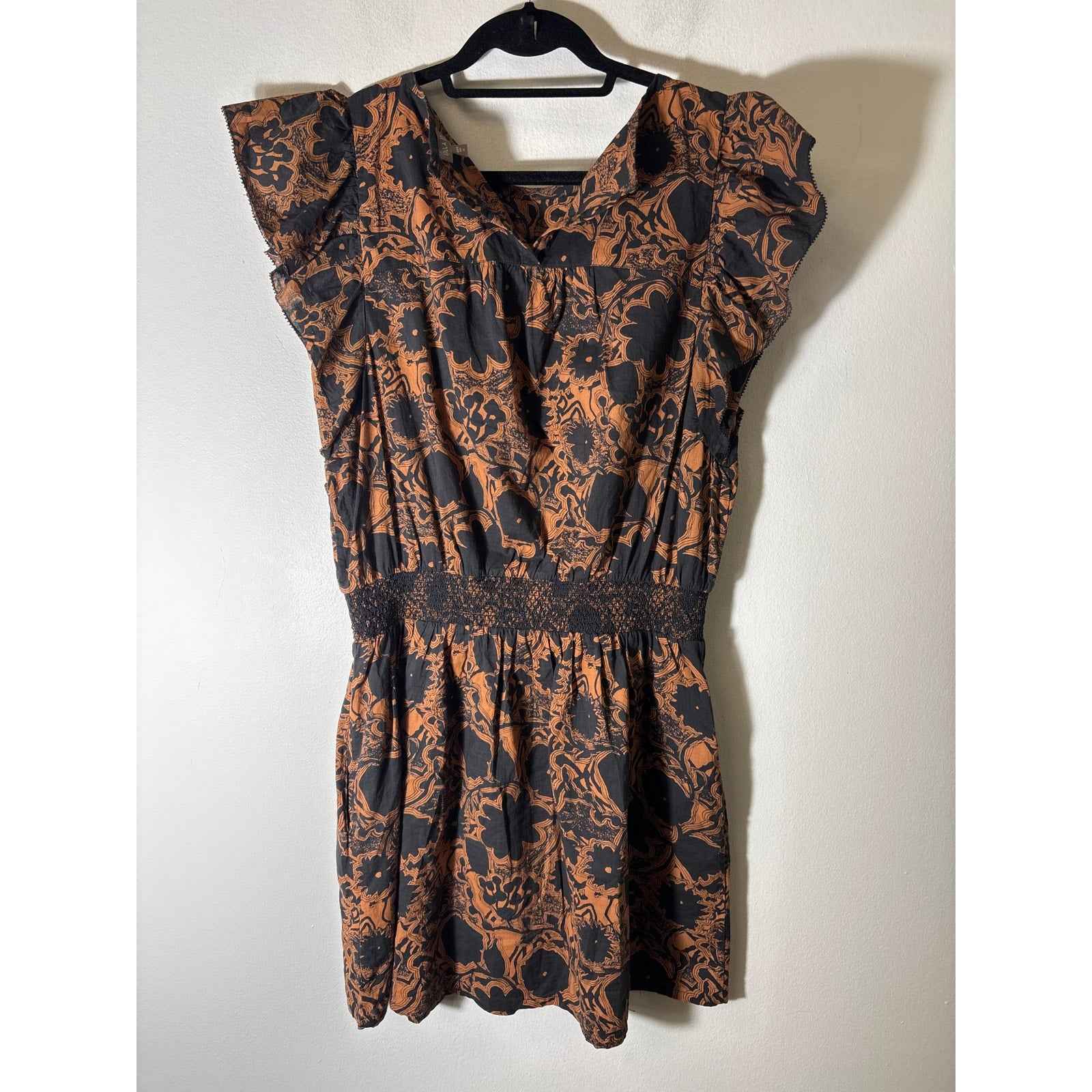 Lilla P Brown and Black Flutter Sleeve Cotton Knee Length Dress sz M