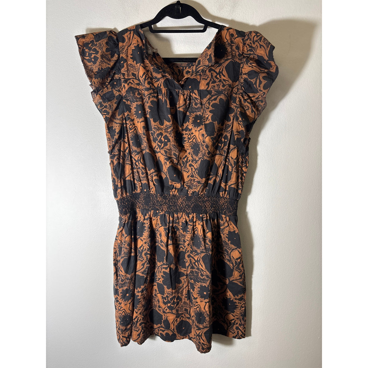 Lilla P Brown and Black Flutter Sleeve Cotton Knee Length Dress sz M