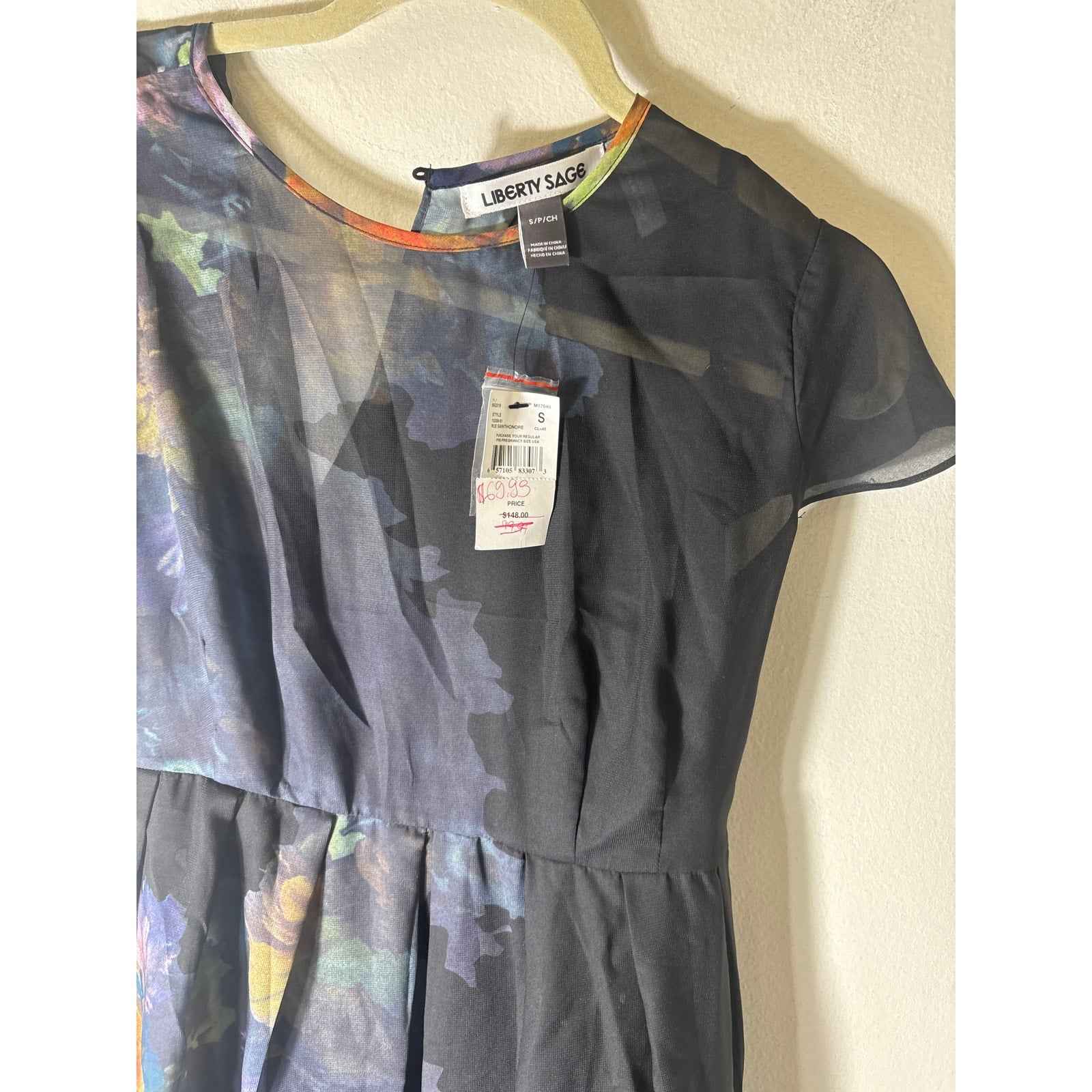 NWT Liberty Sage Maternity Black Chiffon Floral Cap Sleeve Dress Sz S