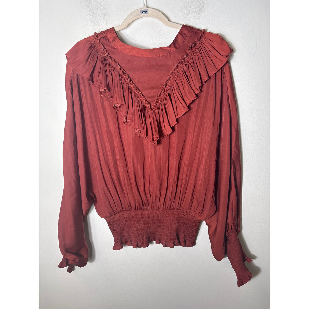 Glam Ox Blood Long Sleeve Ruffle Smocked Waist and Cuff Sz L
