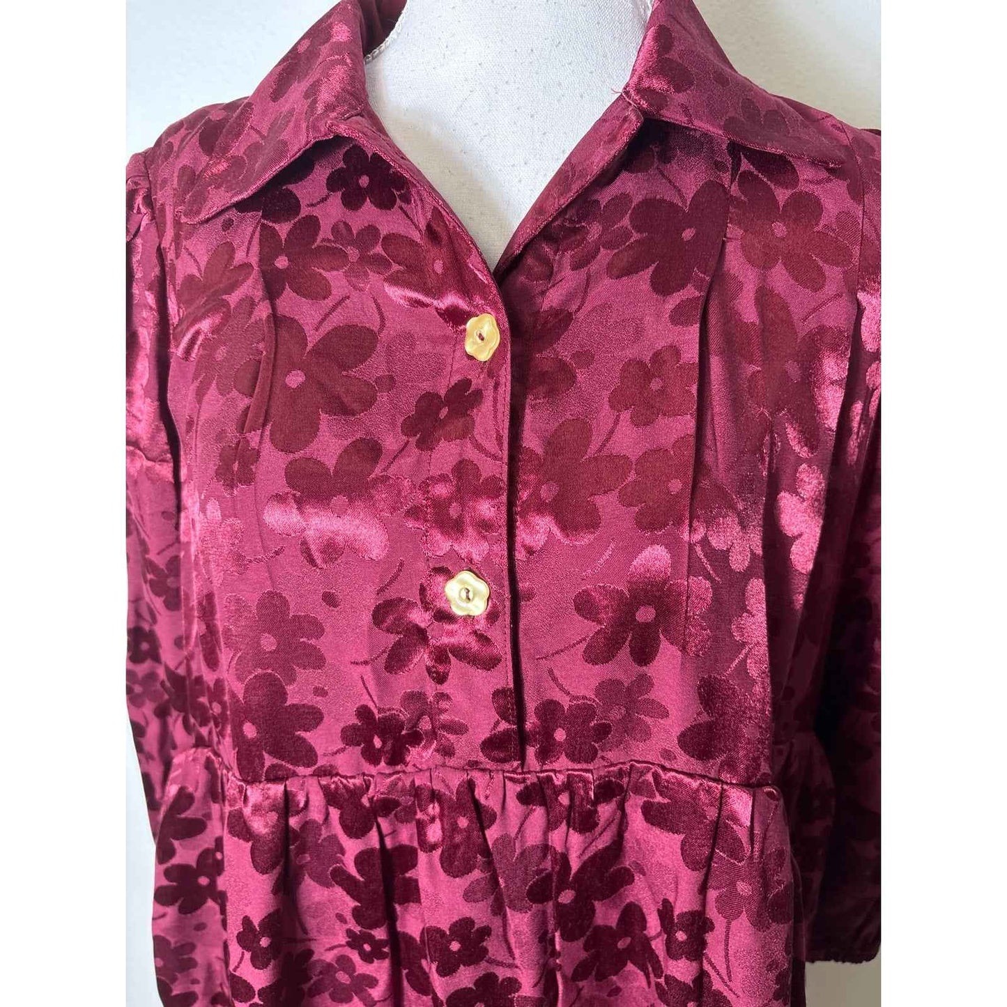Buru Burgandy Floral Tiered Long Sleeve Baby Doll Dress Sz S