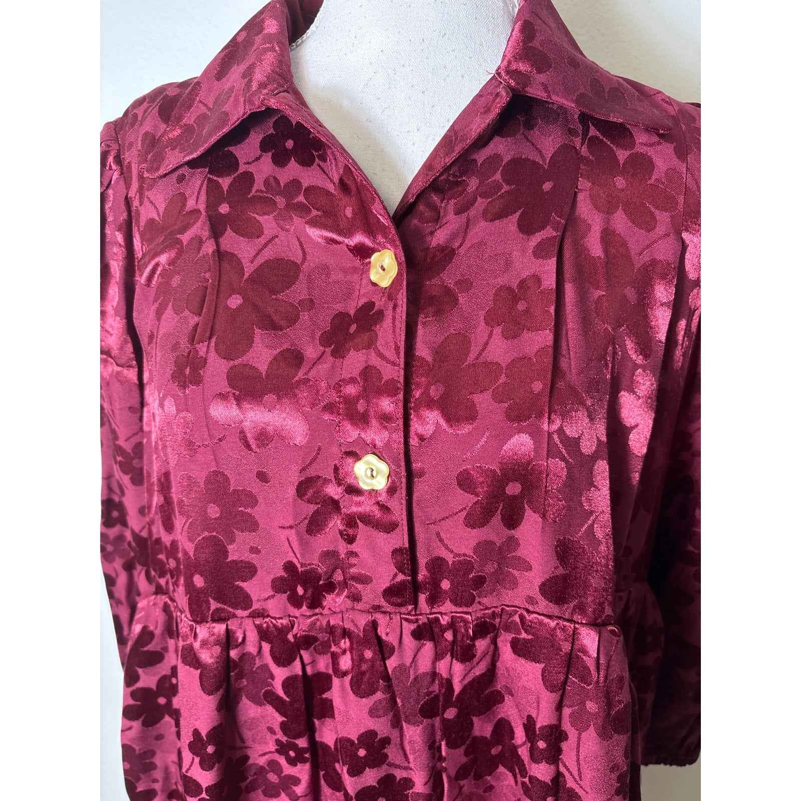 Buru Burgandy Floral Tiered Long Sleeve Baby Doll Dress Sz S