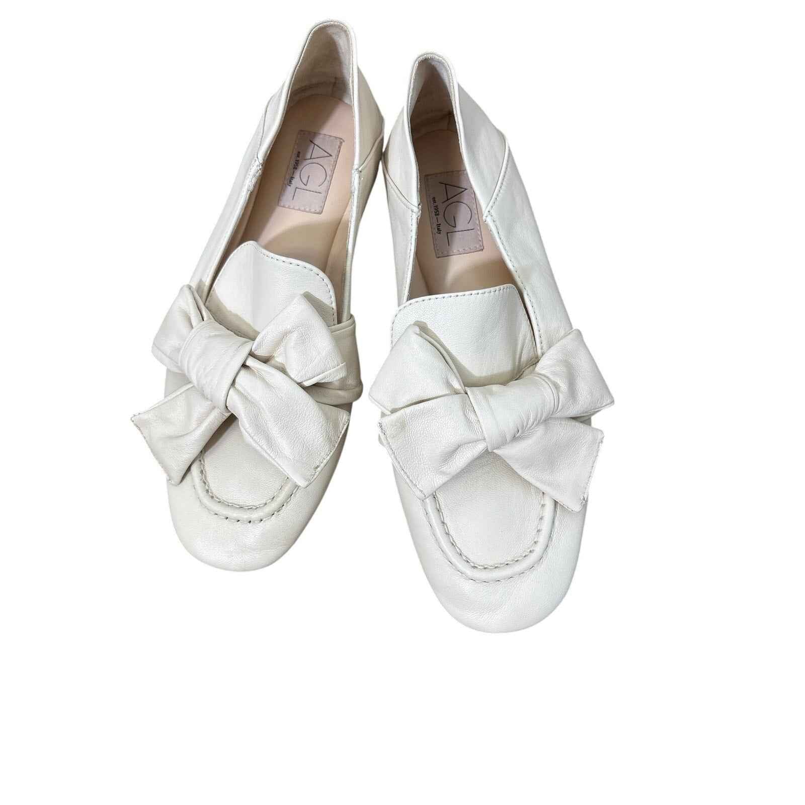 AGL Light Off White Leather "Cindy Ribbon" Flat Sz 39