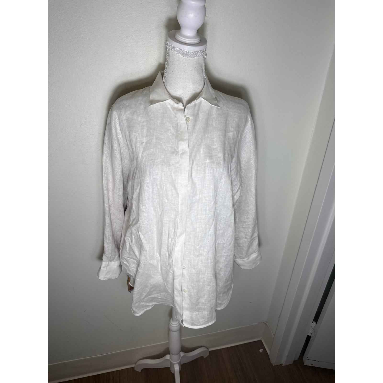 Vilagallo Off White Brown Long Sleeve Linen Button Up Long Sleeve Shirt Sz 44